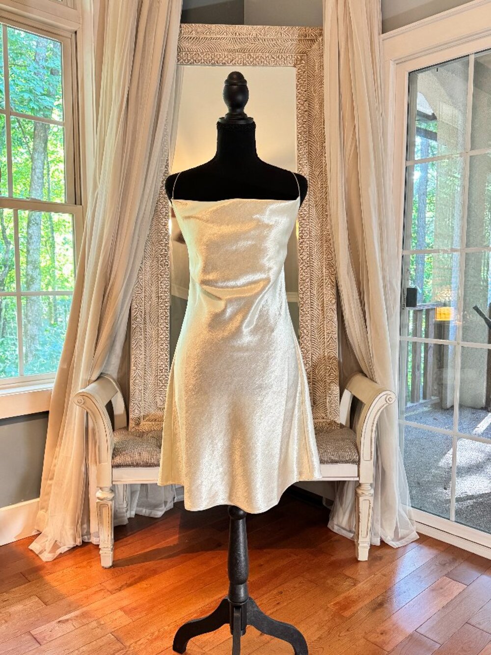 Somewhere to Go Ivory Satin Cowl Neck Open Back Dress L